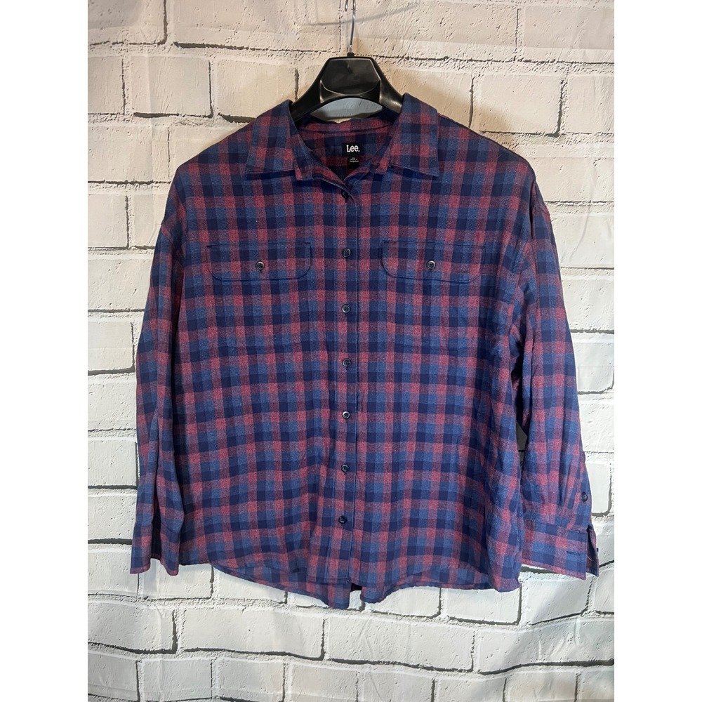 Lee Plaid Flannel Shirt XL Blue Burgundy Button Down Long Sleeve Chest Pockets